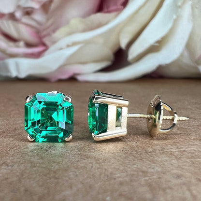 Asscher cut green emerald screw back stud earrings, 3.50ctw, 14k yellow gold