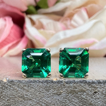 Asscher cut green emerald screw back stud earrings, 3.50ctw, 14k yellow gold