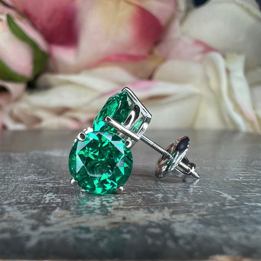 Round brilliant emerald earrings, 2.00ctw. stud earrings with screw backs 14k white gold  #5460