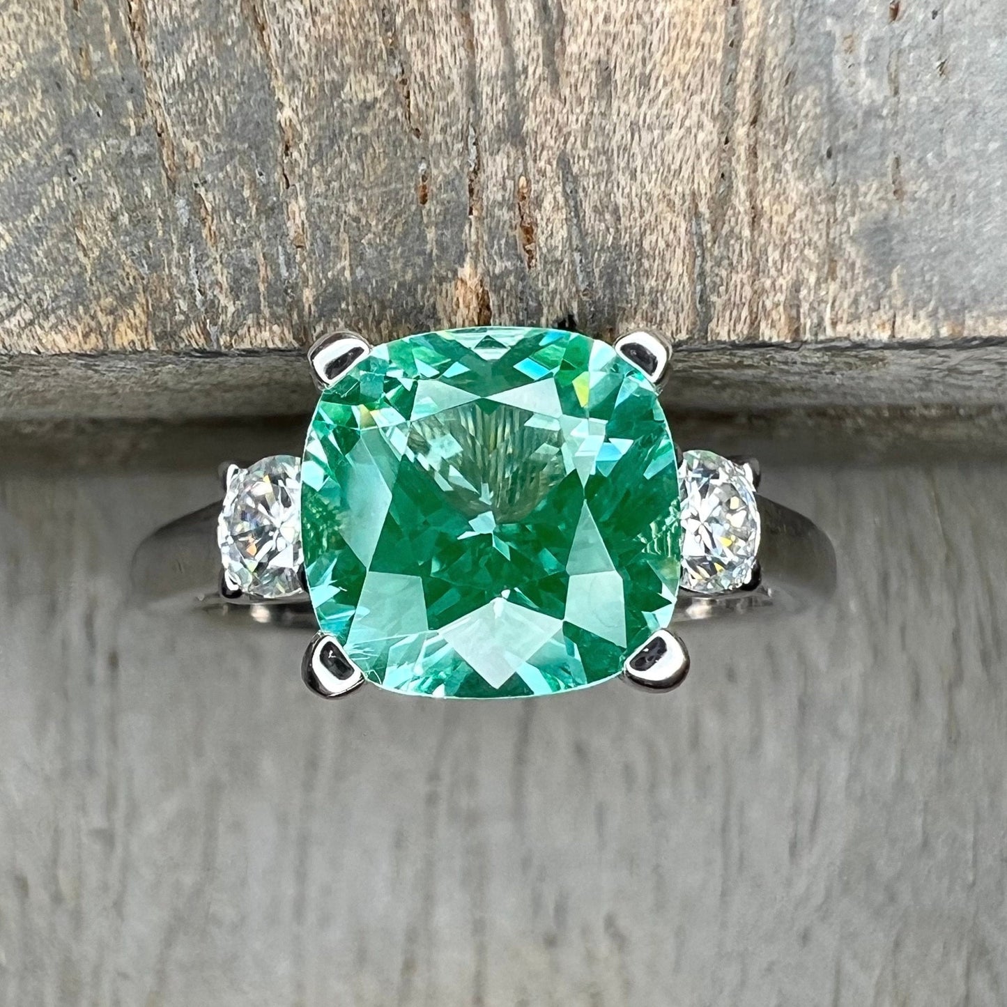 Paraiba Tourmaline Ring, Three Stone Engagement Ring, 14K White Gold, Cushion Cut Paraiba Ladies Ring, Paraiba And Moissanite Ring, #6869