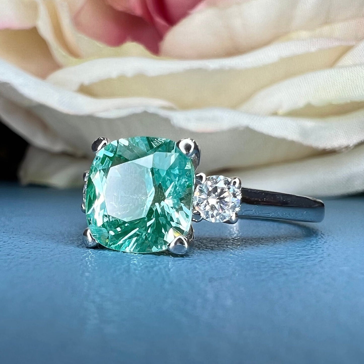 Paraiba Tourmaline Ring, Three Stone Engagement Ring, 14K White Gold, Cushion Cut Paraiba Ladies Ring, Paraiba And Moissanite Ring, #6869