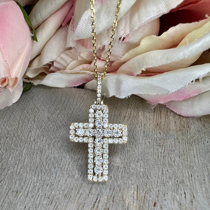 Large Cross Necklace 14K Solid Gold, Unique Moissanite Cross Pendant Necklace, Custom Cross Pendant Faith Crucifix Jesus Necklace Gold #7690