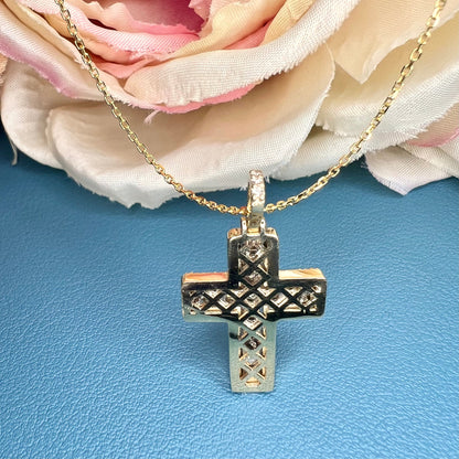 Large Cross Necklace 14K Solid Gold, Unique Moissanite Cross Pendant Necklace, Custom Cross Pendant Faith Crucifix Jesus Necklace Gold #7690