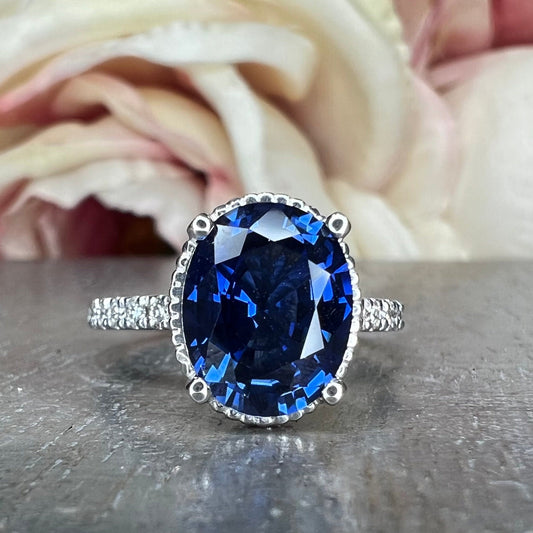 Blue sapphire solitaire engagement ring white gold, Oval shaped sapphire wedding ring, September birthstone jewelry Blue sapphire ring