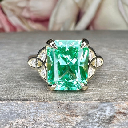 Radiant Cut Paraiba Tourmaline And Moissanite Engagement Ring 14K White Gold Celtic Engagement Ring Unique Vintage Wedding Anniversary  7393