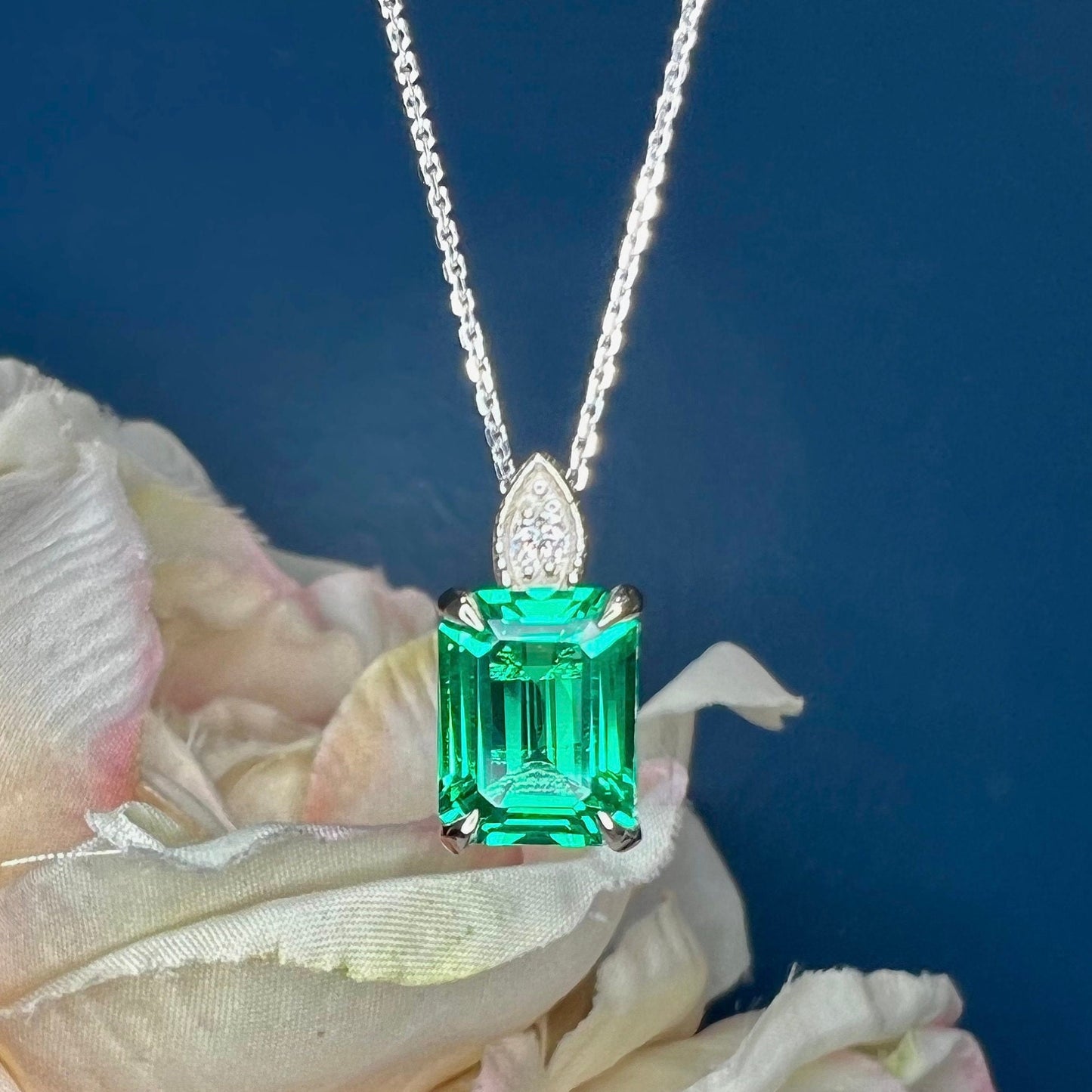 Solitaire Emerald Pendant Necklace, Ladies Emerald Cut Emerald And Diamond Pendant Necklace, 14k Yellow May Birthstone Necklace For Her 6648