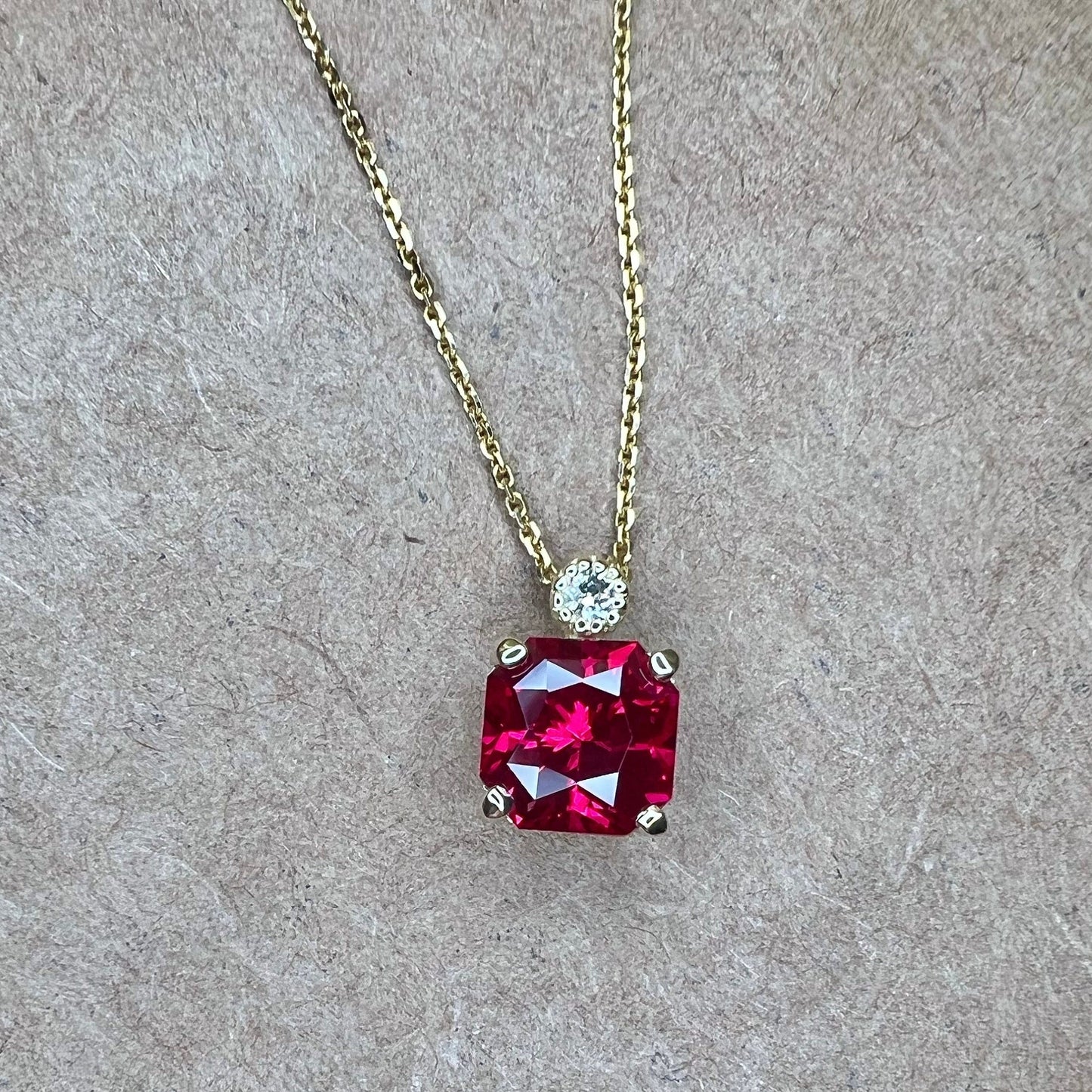 Ruby pendant necklace 14k yellow gold, Radiant cut ruby and diamond necklace pendant, July birthstone jewelry, Dainty Stacking Necklace 7761