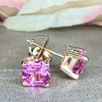 Pink Sapphire Stud Earrings For Her, 14k Yellow Gold Asscher Cut Sapphire Earrings, 3.50ctw Asscher Square Sapphire Birthstone Earrings 6436