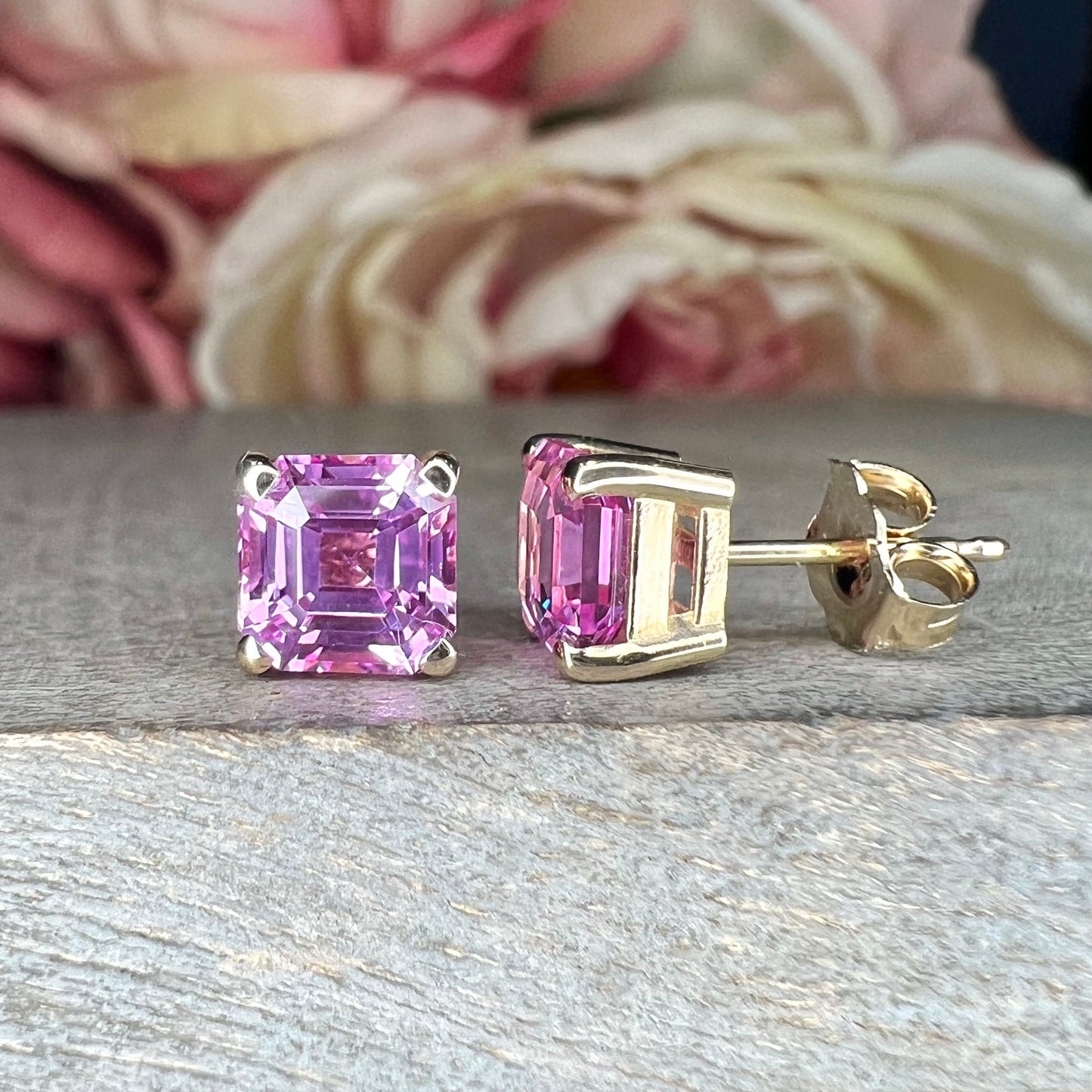 Pink Sapphire Stud Earrings For Her, 14k Yellow Gold Asscher Cut Sapphire Earrings, 3.50ctw Asscher Square Sapphire Birthstone Earrings 6436