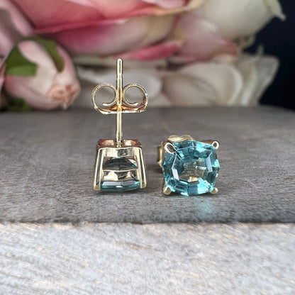 2.00ctw Stud Earrings, Octagon Blue Paraiba Stud Earrings 14k White Gold, Neon Blue Paraiba Web Cut Studs, Octagon Web Cut Earrings