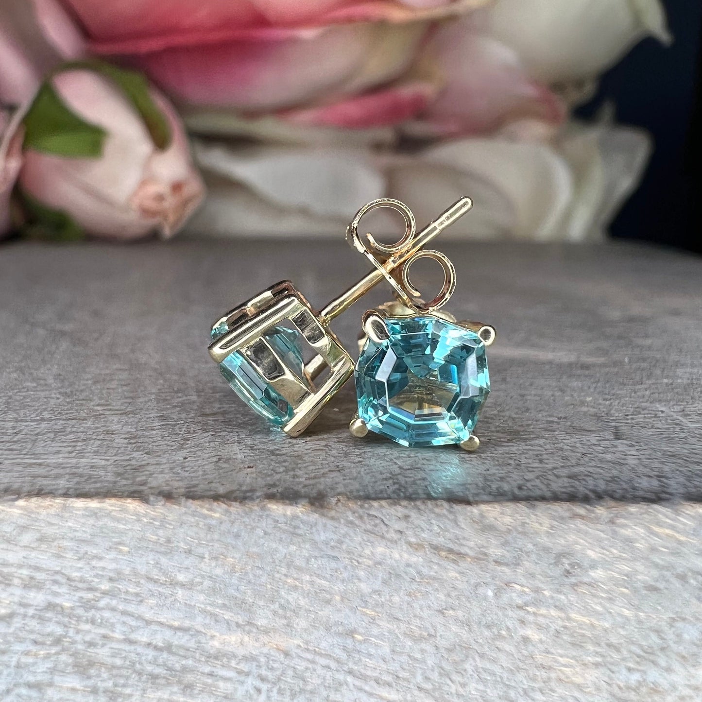 2.00ctw Stud Earrings, Octagon Blue Paraiba Stud Earrings 14k White Gold, Neon Blue Paraiba Web Cut Studs, Octagon Web Cut Earrings