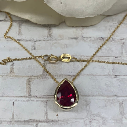 Pear ShapeRuby Bezel Set Pendant, July Birthstone Necklace, Tear Drop Pendant, 14K Yellow Gold #6930