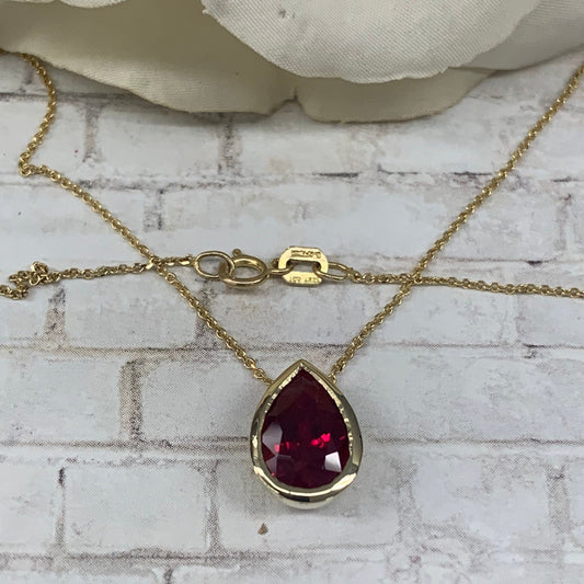 Pear ShapeRuby Bezel Set Pendant, July Birthstone Necklace, Tear Drop Pendant, 14K Yellow Gold #6930