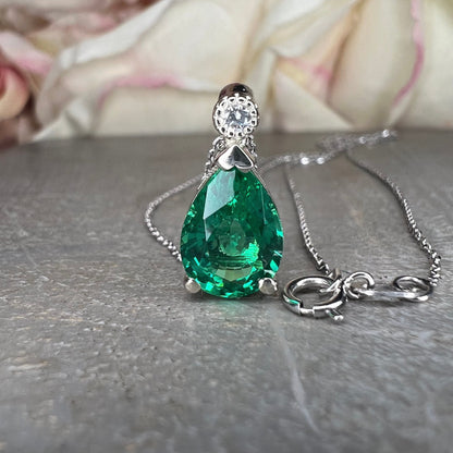 Emerald Pendant Necklace, May Birthstone Necklace, Green Emerald Necklace, 14K White Gold, Pear Cut, Dainty Necklace, Gift For Her, #6692