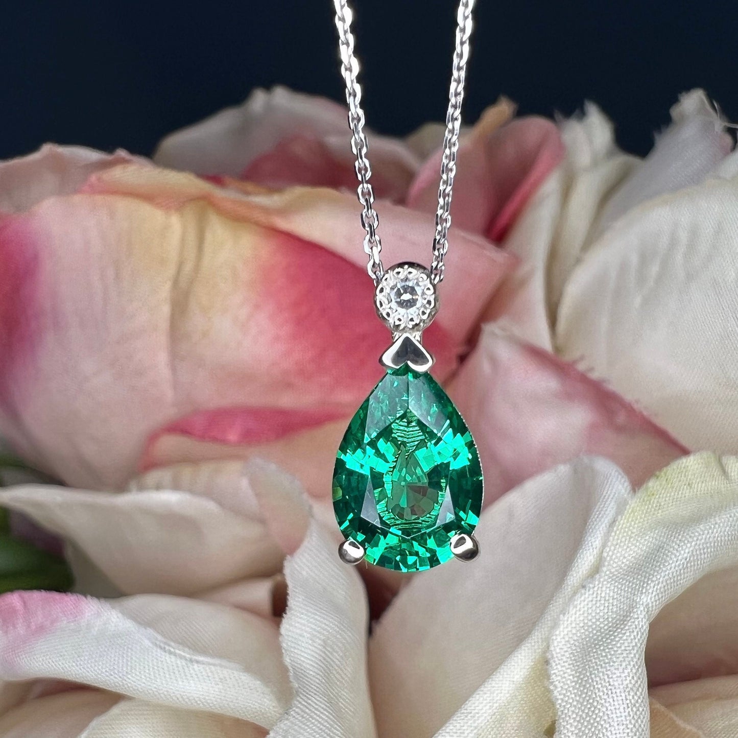 Emerald Pendant Necklace, May Birthstone Necklace, Green Emerald Necklace, 14K White Gold, Pear Cut, Dainty Necklace, Gift For Her, #6692