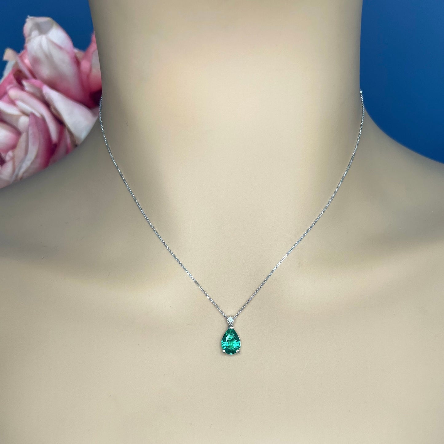 Emerald Pendant Necklace, May Birthstone Necklace, Green Emerald Necklace, 14K White Gold, Pear Cut, Dainty Necklace, Gift For Her, #6692