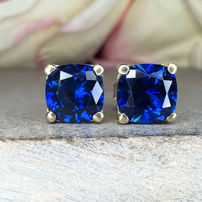 Stud Earrings Cushion Cut Blue Sapphire 14K White Gold, Sapphire Stud Earrings, Simple Sapphire Earrings  September Birthstone Studs   #5725