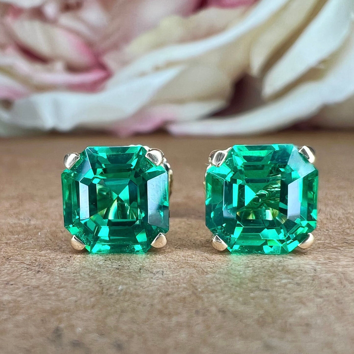 Asscher cut green emerald screw back stud earrings, 3.50ctw, 14k yellow gold