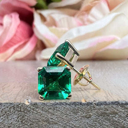 Asscher cut green emerald screw back stud earrings, 3.50ctw, 14k yellow gold