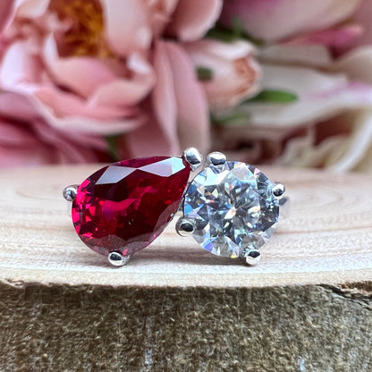 Toi Et Moi Ring Pear Ruby and Round Cut Moissanite Engagement Ring White Gold Two Stone Ring Unique Anniversary Wedding Promise Ring  #7390