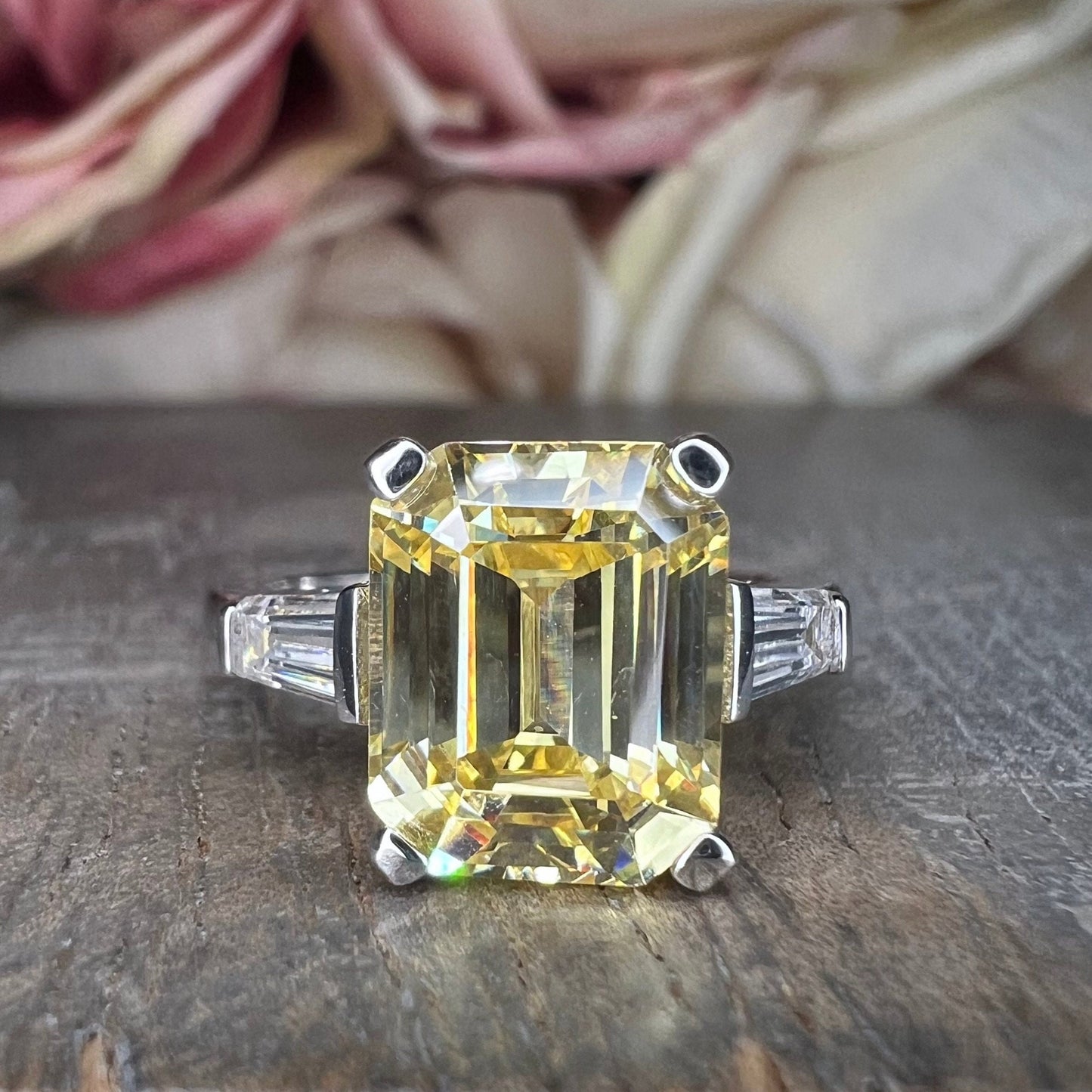 Yellow Emerald Cut with Baguettes  Engagement Ring White Gold Unique Three Stone Emerald Cut Wedding Promise Anniversary Ring For Women 5731