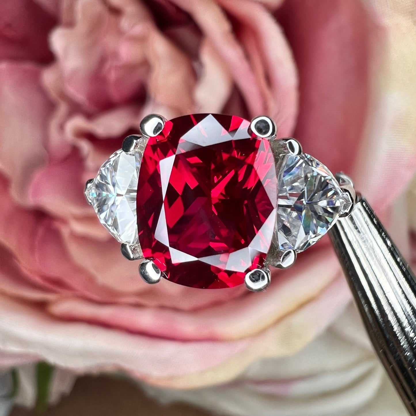 Ruby Cushion Cut And Moissanite Engagement Ring, Three Stone Ruby And Moissanite Ring, 14k Gold Elongated Cushion Cut Ruby Ring   #6853