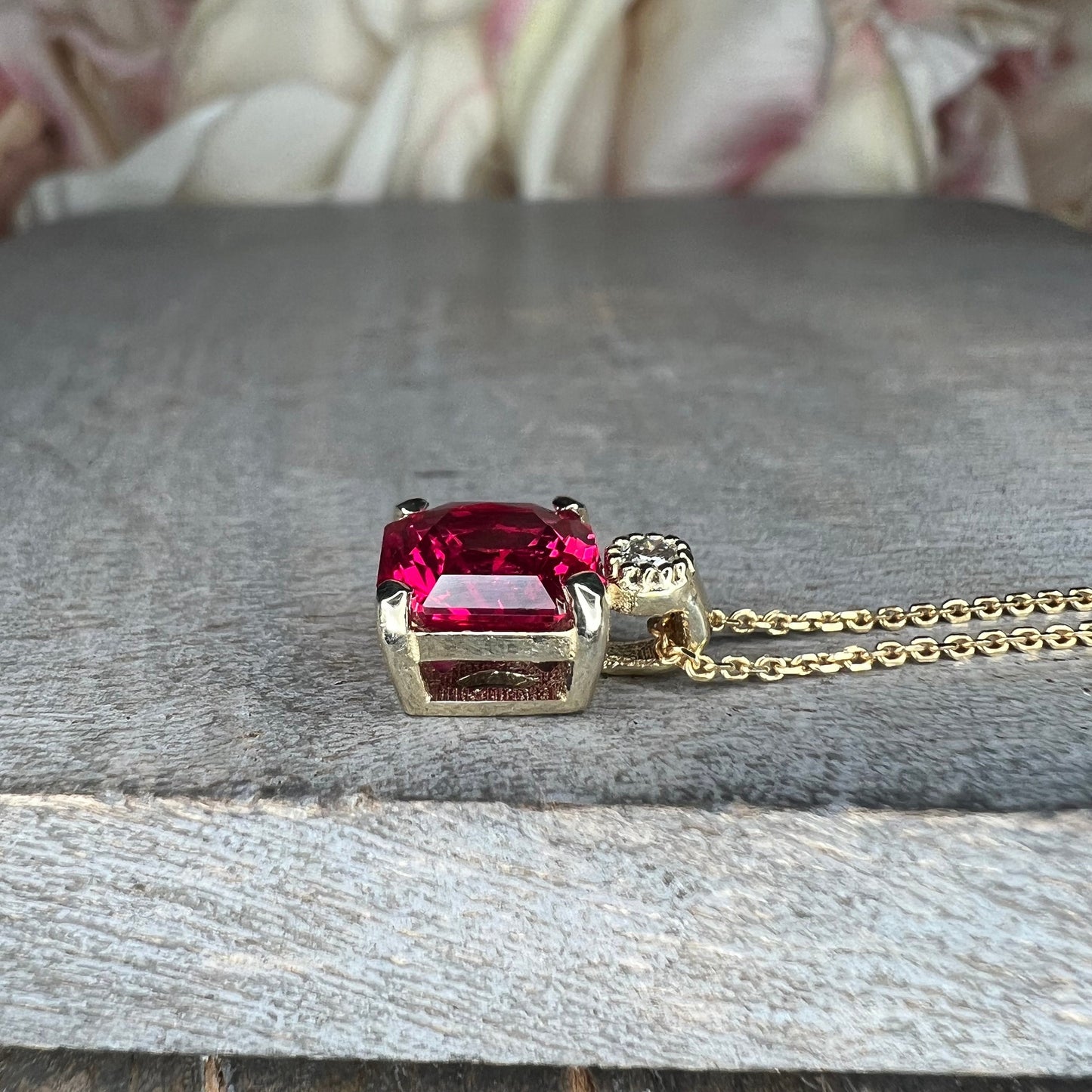 Ruby pendant necklace 14k yellow gold, Radiant cut ruby and diamond necklace pendant, July birthstone jewelry, Dainty Stacking Necklace 7761