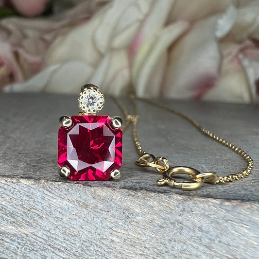 Ruby pendant necklace 14k yellow gold, Radiant cut ruby and diamond necklace pendant, July birthstone jewelry, Dainty Stacking Necklace 7761