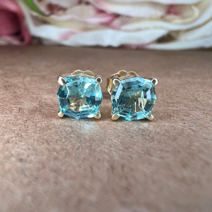 2.00ctw Stud Earrings, Octagon Blue Paraiba Stud Earrings 14k White Gold, Neon Blue Paraiba Web Cut Studs, Octagon Web Cut Earrings