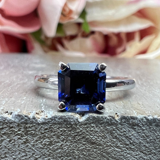 Asscher Cut Solitaire / Blue Sapphire Engagement Ring / 14k White Gold