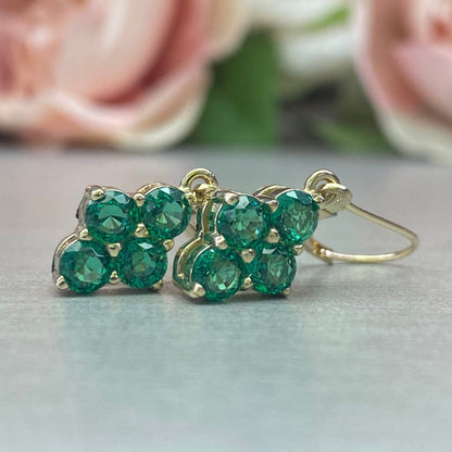 Emerald Dangle Earrings, Family Birthstone Earrings, 14k Yellow Gold, Emerald Earrings, May Birthstone, Leaver Back Earrings   #6873