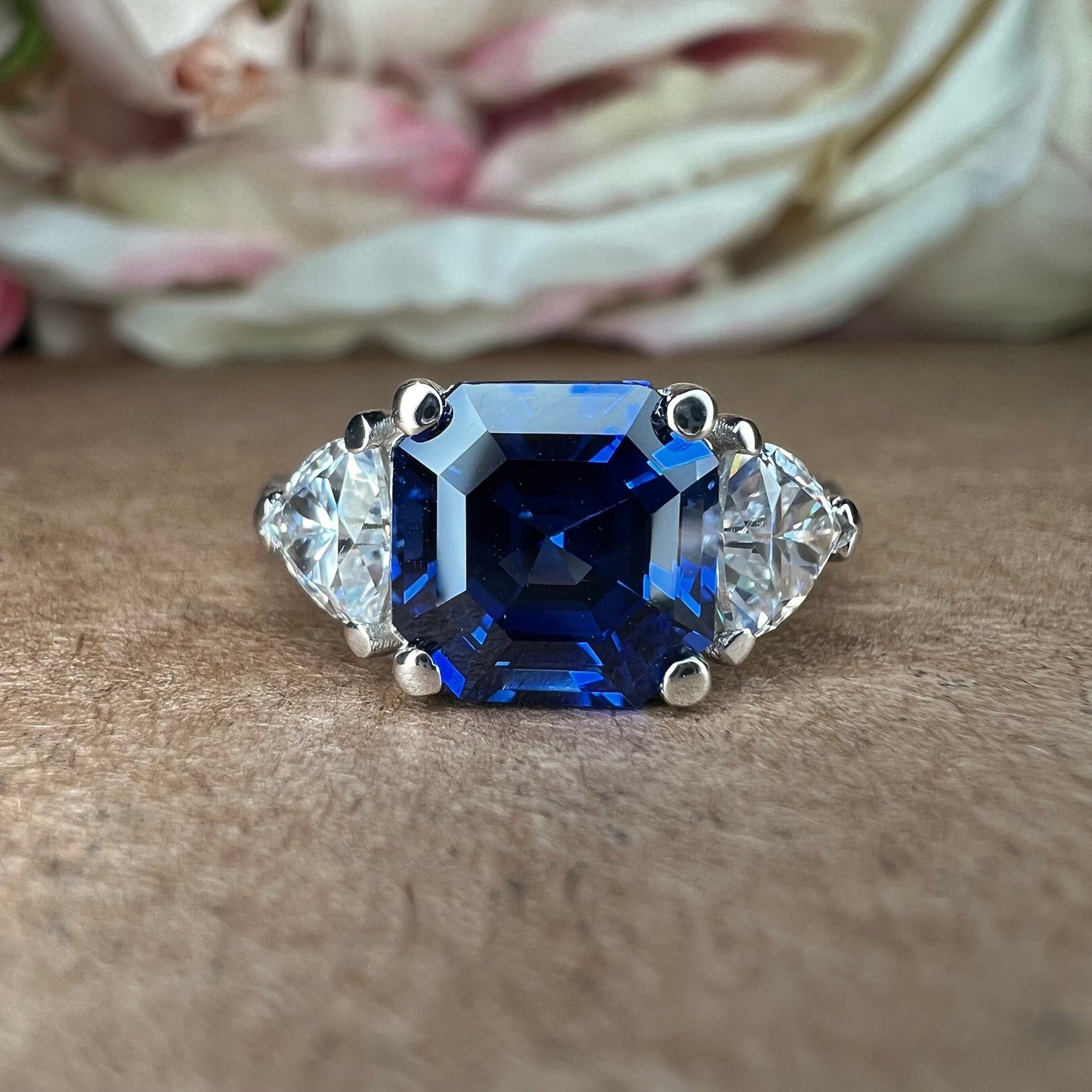 Asscher Cut Blue Sapphire Engagement Ring, Engagement Ring With Trillion Accents,  Moissanite Ring, 14K White Gold Blue Sapphire Ring