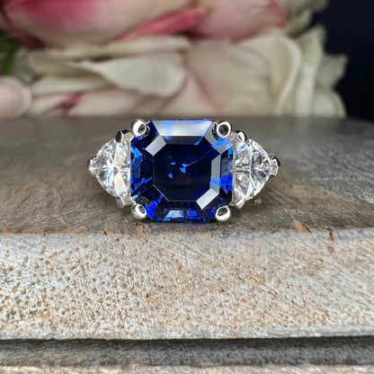 Asscher Cut Blue Sapphire Engagement Ring, Engagement Ring With Trillion Accents,  Moissanite Ring, 14K White Gold Blue Sapphire Ring