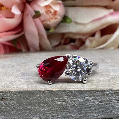 Toi Et Moi Ring Pear Ruby and Round Cut Moissanite Engagement Ring White Gold Two Stone Ring Unique Anniversary Wedding Promise Ring  #7390