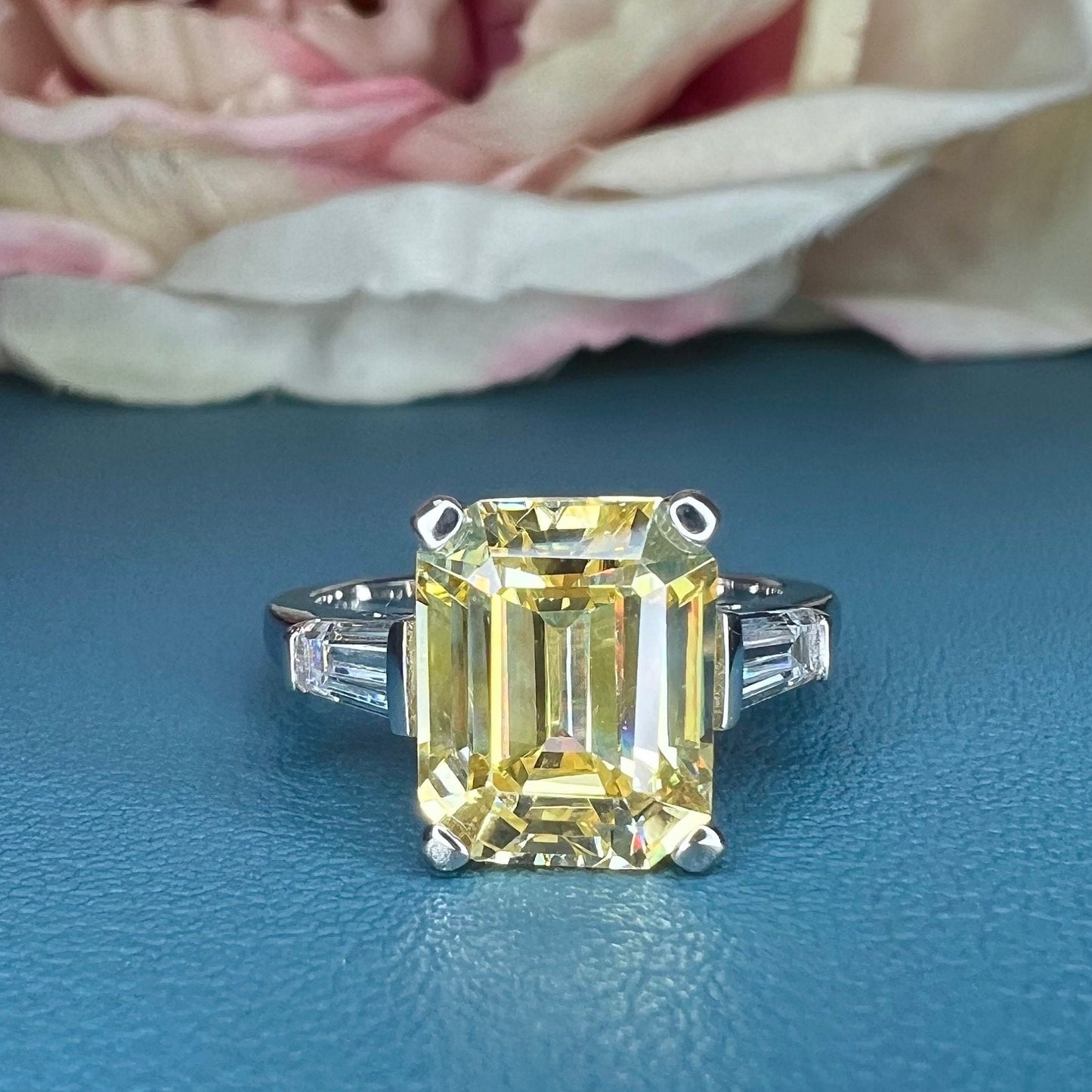 Yellow Emerald Cut with Baguettes  Engagement Ring White Gold Unique Three Stone Emerald Cut Wedding Promise Anniversary Ring For Women 5731