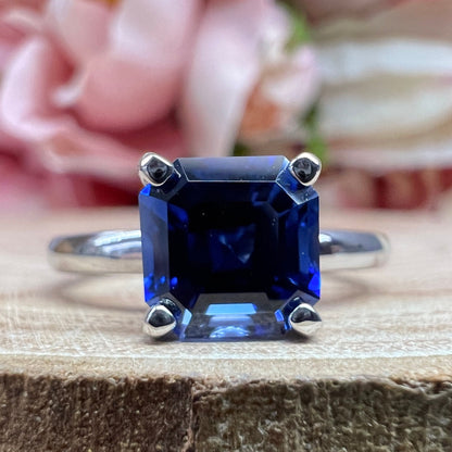 Asscher Cut Solitaire / Blue Sapphire Engagement Ring / 14k White Gold