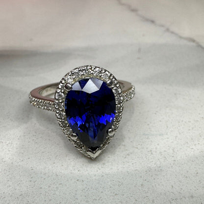 Blue sapphire engagement ring, with natural diamond halo, 3.45ctw, 14k white gold wedding ring #5977