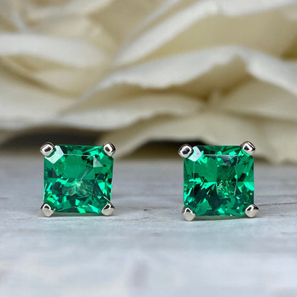 Radiant Cut Stud Earring 14k White Gold, Green Emerald Stud Earrings, Square Earrings White Gold, Unisex Earring Emerald Radiant Cut,  #7066