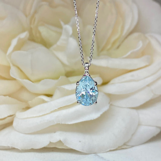 Aquamarine Pendant Necklace 14K Solid White Gold For Ladies Pear Shaped Aquamarine Necklace Pendant, March Birthstone Teardrop Necklace