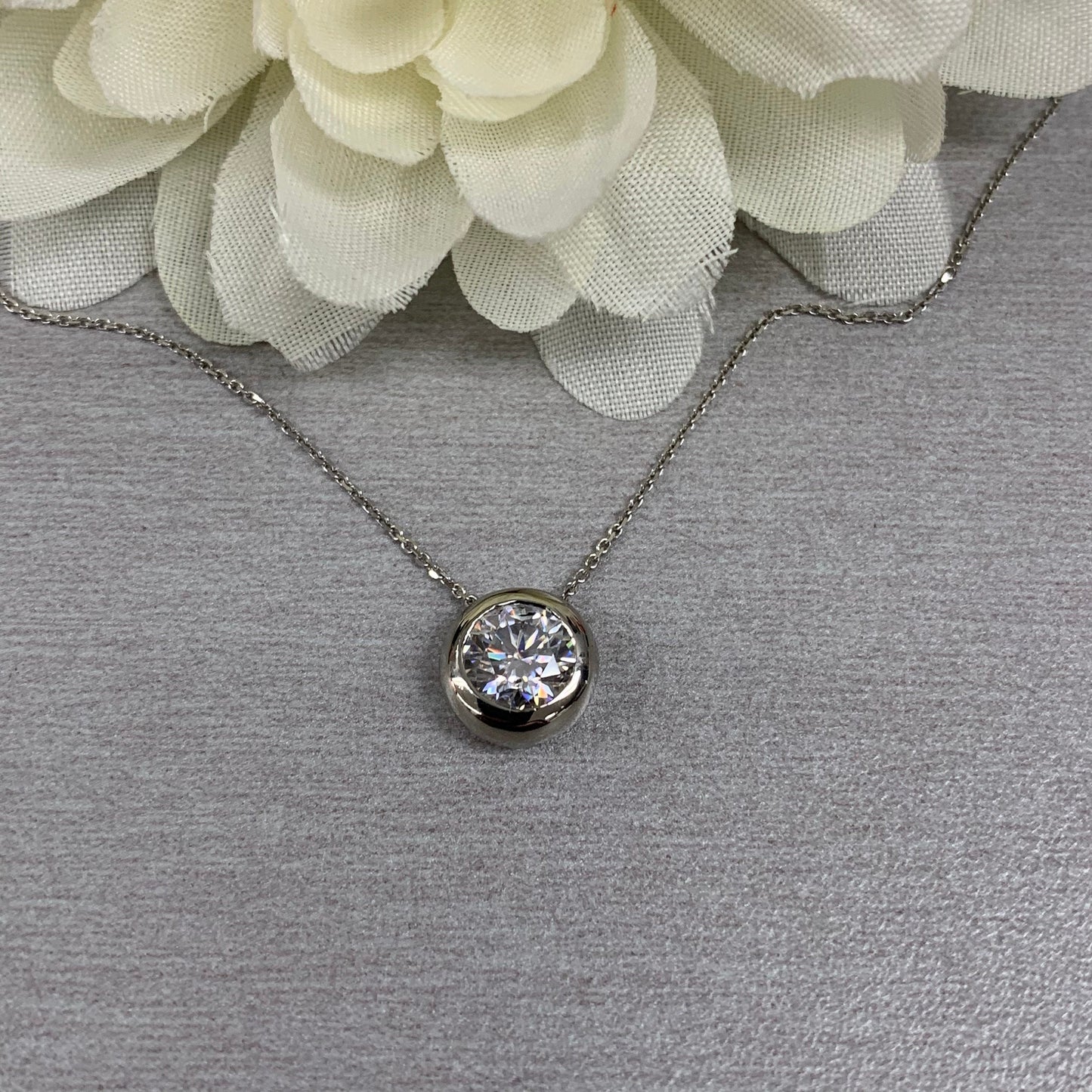 Moissanite Bezel Set Necklace, Moissanite Ladies Necklace,  Round Moissanite Pendant,  Round Bezel Pendant, 14K White Gold #6747 #6748