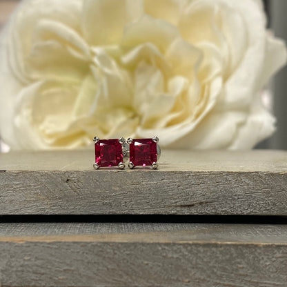 Radiant Cut Studs / Bloody Red Ruby Ladies Earring / Gift Ideas For Her / Anniversary Gift / Dainty Jewelry / 14k White Gold / #6173