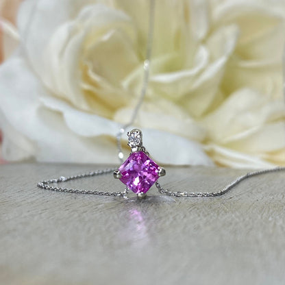 Pink Sapphire and Diamond Pendant Necklace 14K Yellow Gold, Radiant Cut Pink Sapphire Necklace, Dainty Necklace, October Birthstone,  #6476