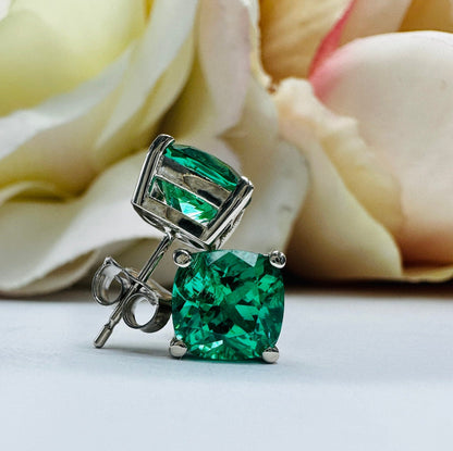 Stud Earrings Cushion Cut Green Emerald 14K White Gold Emerald  Stud Earrings, Simple Emerald Earrings May Birthstone Studs minimalist #5725