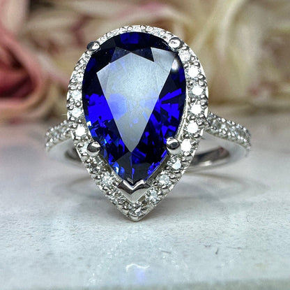 Blue sapphire engagement ring, with natural diamond halo, 3.45ctw, 14k white gold wedding ring #5977