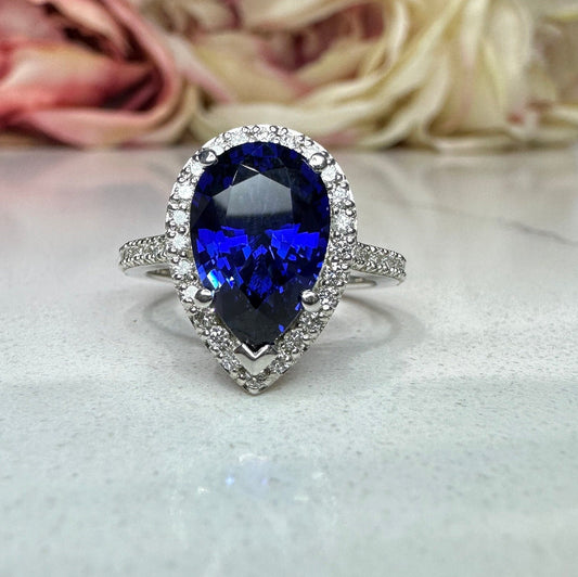 Blue sapphire engagement ring, with natural diamond halo, 3.45ctw, 14k white gold wedding ring #5977