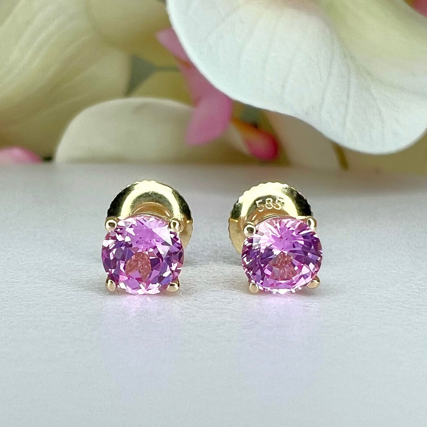 Pink Sapphire Earrings, Round Brilliant Stud Earrings,  1.00ctw. Earrings, Birthstone Earrings, 14K White Gold,  #6435