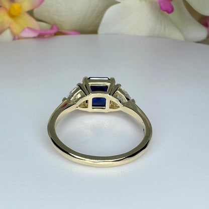 Asscher Cut Blue Sapphire Engagement Ring, Engagement Ring With Trillion Accents,  Moissanite Ring, 14K White Gold Blue Sapphire Ring