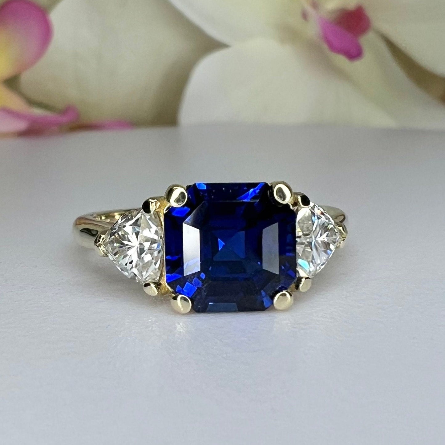 Asscher Cut Blue Sapphire Engagement Ring, Engagement Ring With Trillion Accents,  Moissanite Ring, 14K White Gold Blue Sapphire Ring