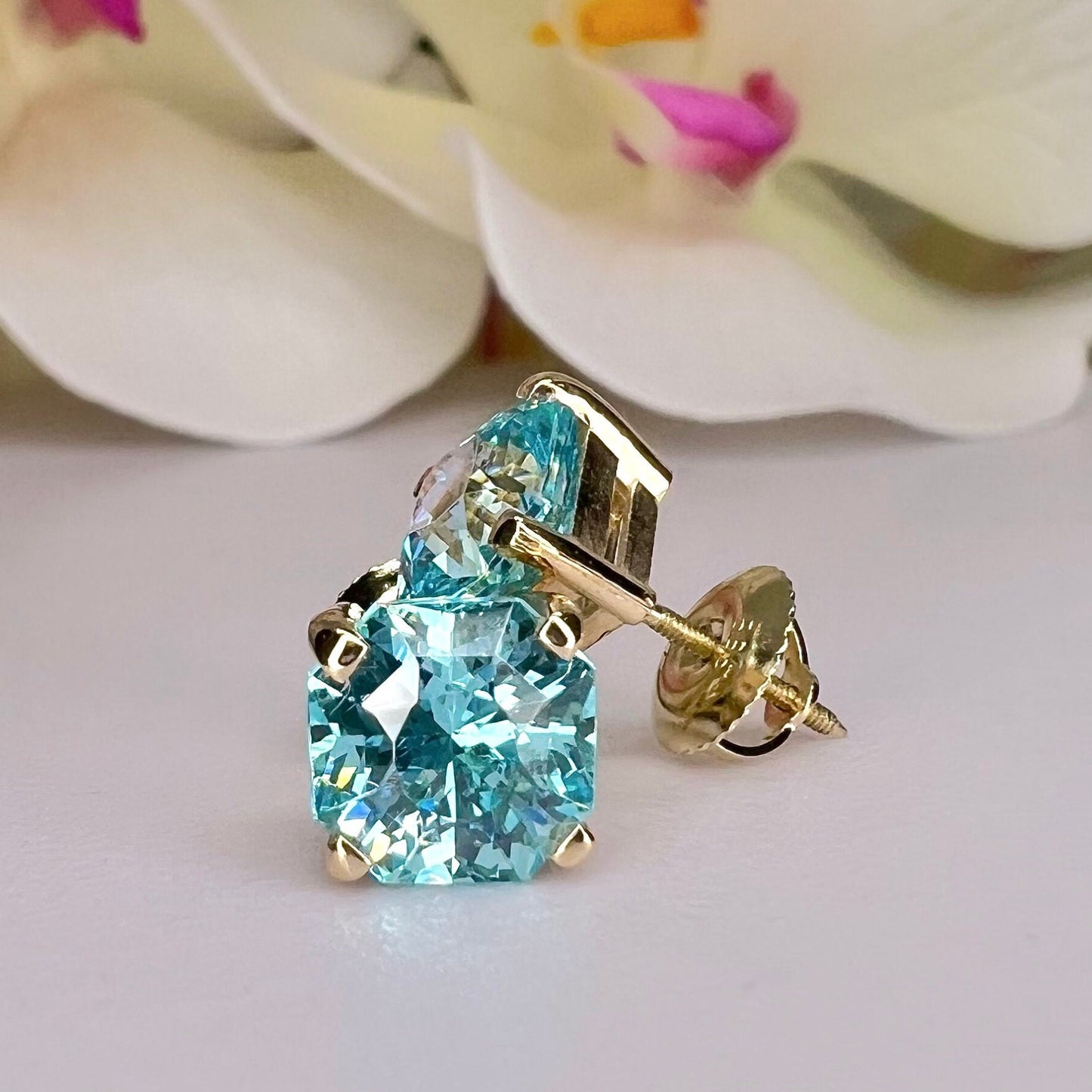 Aquamarine Earrings 14K Solid White Gold, Radiant Cut Dainty Aquamarine Stud Earrings Unisex, Square Blue Aquamarine CZ Stud Earring