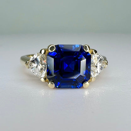 Asscher Cut Blue Sapphire Engagement Ring, Engagement Ring With Trillion Accents,  Moissanite Ring, 14K White Gold Blue Sapphire Ring